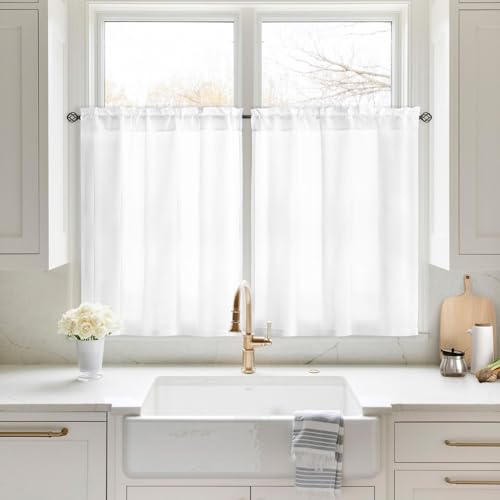 Homeideas Non-See-Through White Privacy Sheer Kitchen Curtains, 30 X 36 Inches Long 2 Panels Short Sheer Curtains Light Filtering Bathroom Window Drapes For Bedroom Living Room